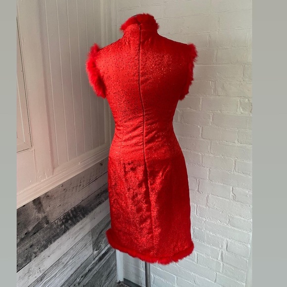 Embroidered mandarin collar dress with rabbit fur trim. - Picture 6 of 8